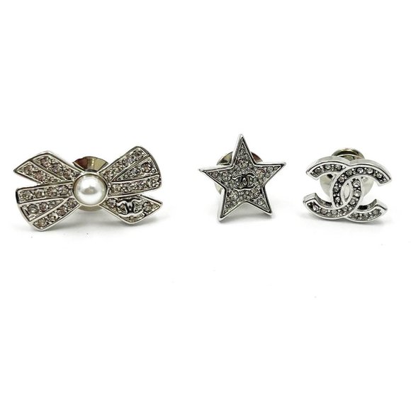 Chanel Brand New Silver CC Star Bow Crystal 3 Pins - Picture 1 of 3